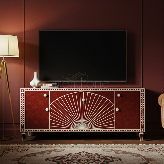 Luxury Inlay Red and White Geometric TV Cabinet | Luxury Handmade TV Cabinet