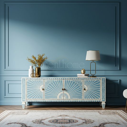 Inlay Blue and Ivory Sunburst TV Cabinet | Luxury Handmade TV Cabinet
