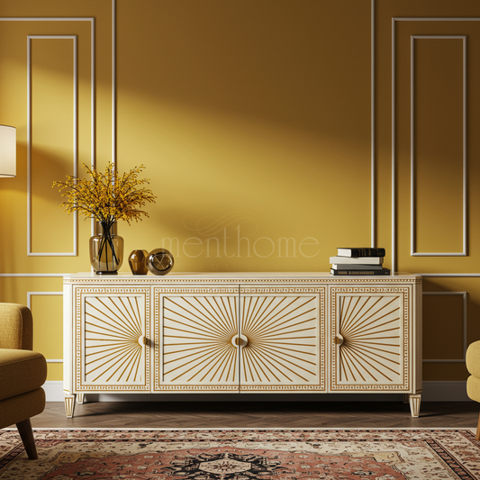 Elegant Inlay TV Cabinet with Sunburst Detailing | Luxury Handmade TV Cabinet