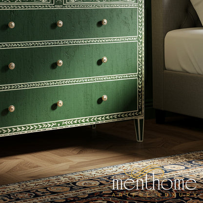 Vintage Green Hand-Painted Wooden Dresser Chest | Luxury Handmade Dresser - M(60"Wx18"Dx30"H) / Bone-like Vintage Green Hand-Painted Wooden Dresser Chest | Luxury Handmade Dresser - M(60"Wx18"Dx30"H) / Bone-like