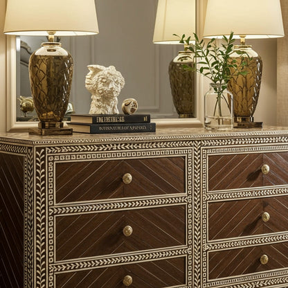 vintage brown dresser Vintage Inlaid Wood Six-Drawer Dresser | Luxury Handmade Dresser