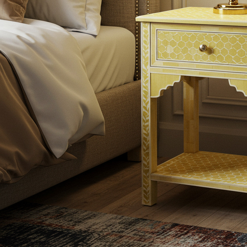 Bedside Table Patterned Yellow Patterned Wooden Bedside Table With Single Drawer –… – Menthome USA
